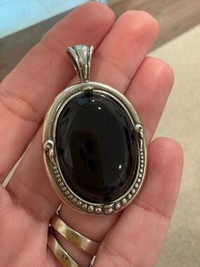 Vintage Sterling silver and black onyx cabochon stone pendant large .925 2” x 1”